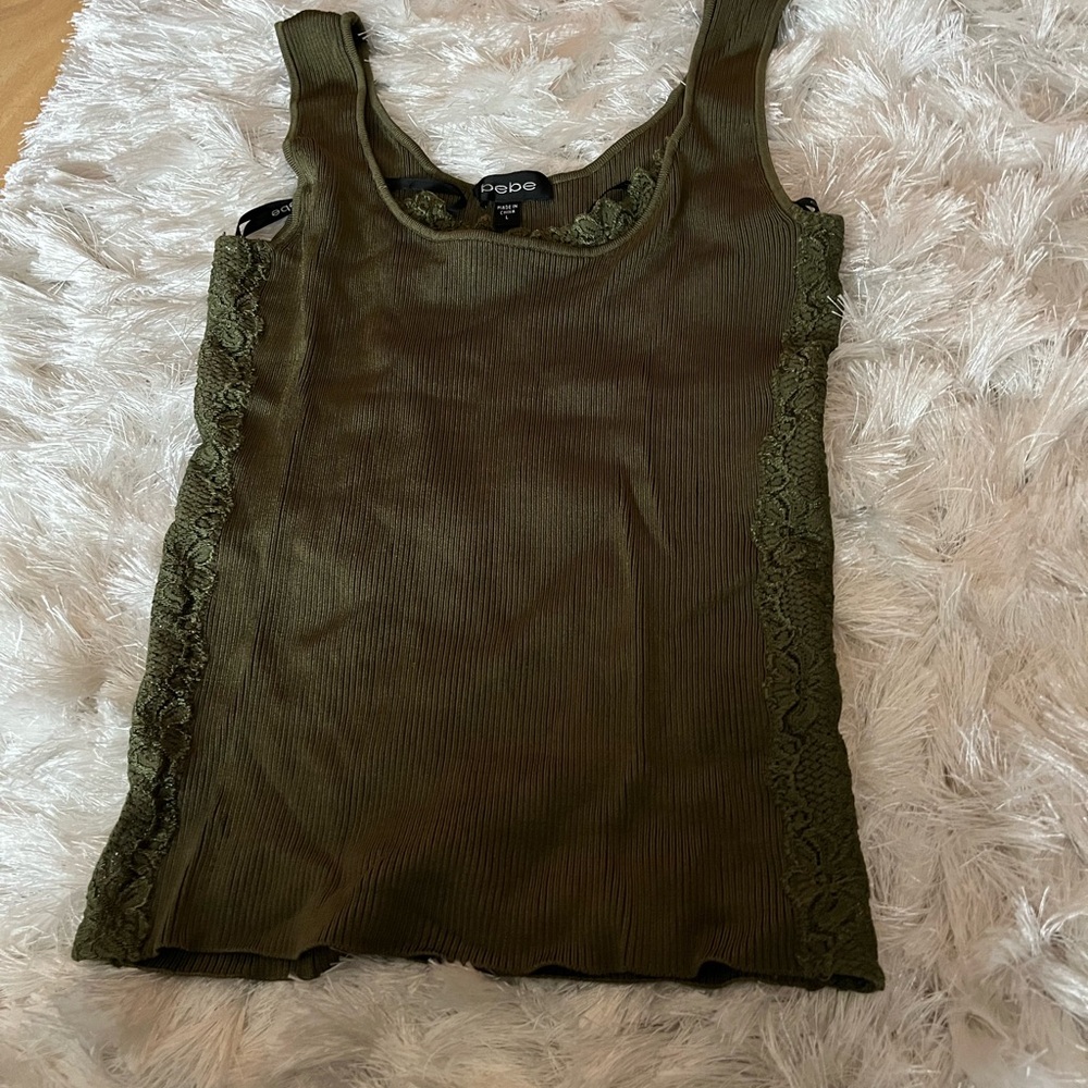 Bebe Olive Green Lace Trim Tank Top